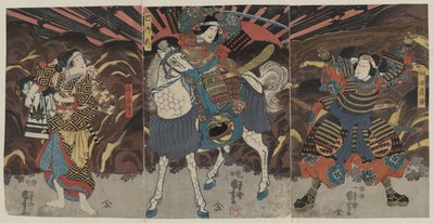 Samuray Wadai Yoshimori, Tomoe Gozen ve Yamabuki rollerinde üç aktör by Utagawa Kuniyoshi