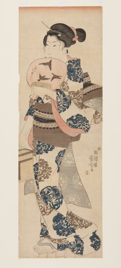 Yelpazeli ve Böcek Kafesli Kadın (renkli tahta baskı) by Utagawa Kuniyoshi