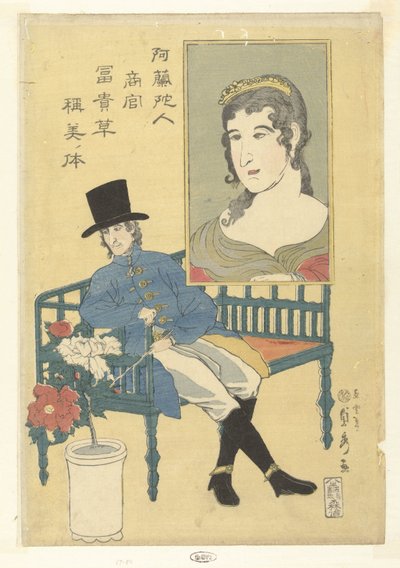 Eşi olarak şakayıklara hayran olan Hollandalı ticari ajan. Orandajin shokan fukikusa shobi no karada. (nesne üzerindeki başlık) by Utagawa Sadahide