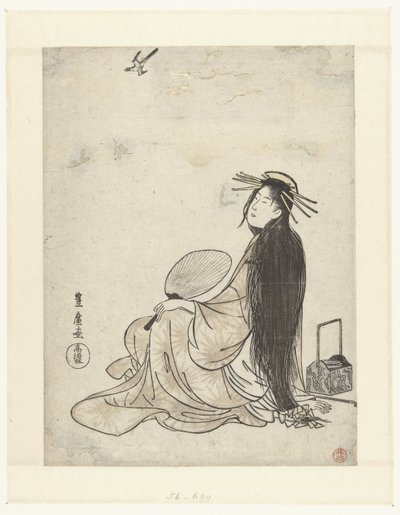 Vantilatörlü ve sigara gereçleri olan fahişe guguk kuşuna bakıyor. by Utagawa Toyohiro