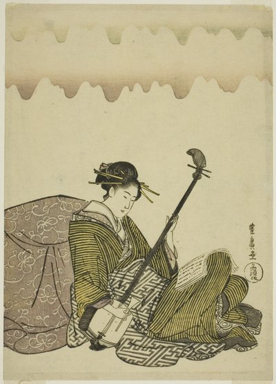 Boş zamanlarında isimsiz bir dizi kadından shamisen oynayan kadın by Utagawa Toyohiro