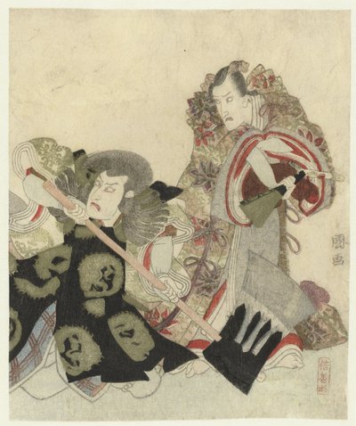 Ichikawa Danjûrô VII, Yoshimune no Munesada rolünde hayranla ve Ichikawa Omezô, Sekibei rolünde baltayla by Utagawa Toyokuni (I)