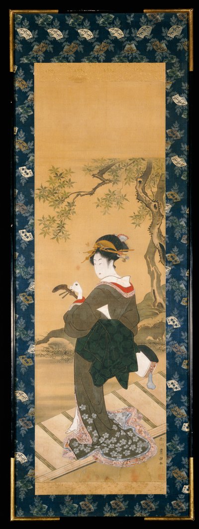 Bir verandada şamanını akort eden bir kadının tam boy portresi (sumi, gofun ve ipek üzerine renk); by Utagawa Toyokuni