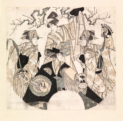 Dört Onnagata'nın sahne dansını yapan oyuncular, 1800-05 civarı (renkli gravür) by Utagawa Toyokuni