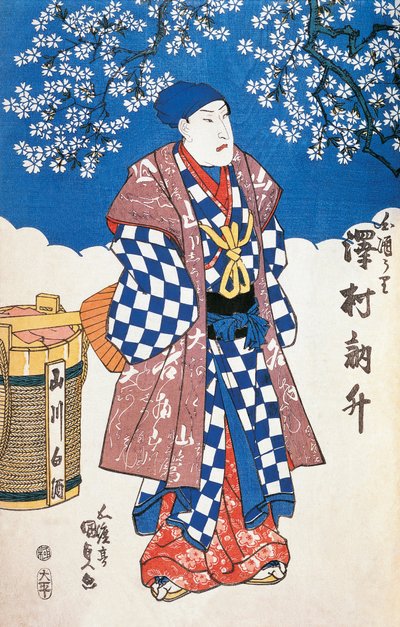 Kimonolu Japon aktör ve arka planda elma çiçekleri ile süslenmiş, Utagawa Toyokuni, gravür by Utagawa Toyokuni