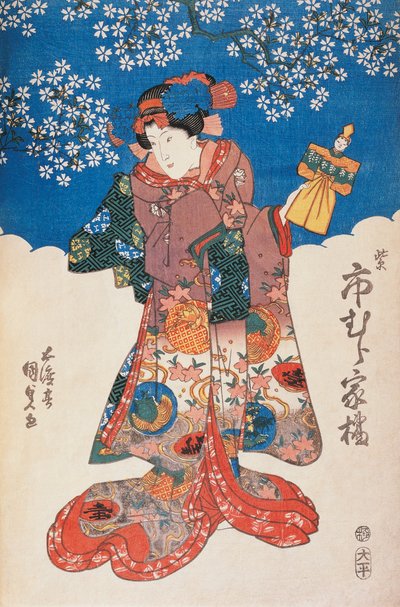 Elma çiçekleri ile süslenmiş kukla ve arka plan ile kimono kadın, Utagawa Toyokuni, gravür by Utagawa Toyokuni