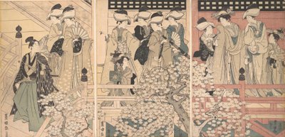 Bir Samurayın Ayrıldığı Kiraz Çiçekleri Arasında Bir Verandadaki Güzeller, yaklaşık. 1800. by Utagawa Toyokuni I
