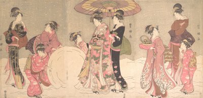 Nezaketçiler ve Hizmetçiler Dev Bir Kartopu Yapıyor, ca. 1796. by Utagawa Toyokuni I