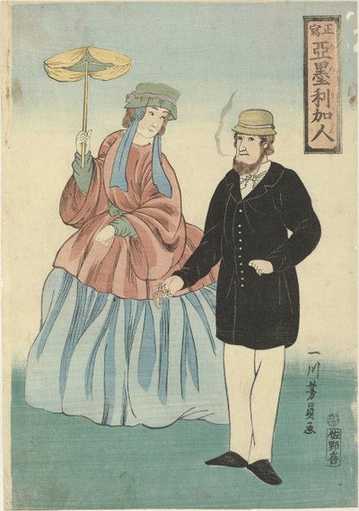 Puro ve şemsiye Amerikajin ile Amerikalı çift (nesnede başlık) by Utagawa Yoshikazu