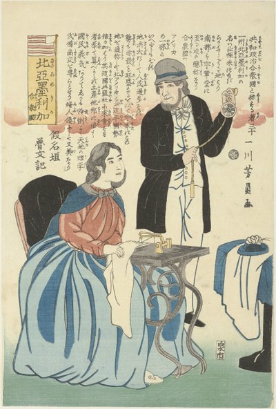 Saat ve dikiş makinesi olan Amerikalılar Kita America Gasshukoku (nesne üzerindeki başlık) Kuzey Amerika Birleşik Devletleri by Utagawa Yoshikazu
