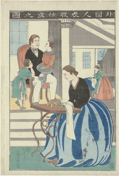 Batılı kadın bir dikiş makinesinin arkasında Gaikokujin ifuku Shite no zu (nesnedeki başlık) Giysi yapan bir yabancının görüntüsü by Utagawa Yoshikazu