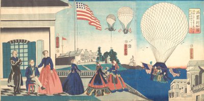 “Amerika”: Sıcak Hava Balonlarının Keyfini Çıkarmak, 1867. by Utagawa Yoshitora
