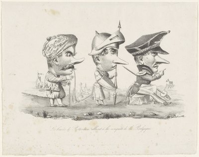 Rotterdam milislerinin karikatürü, 1830 Les cesur de Rotterdam allant à la conquête de la Belgique (nesne üzerindeki başlık) by V. Dubrulle