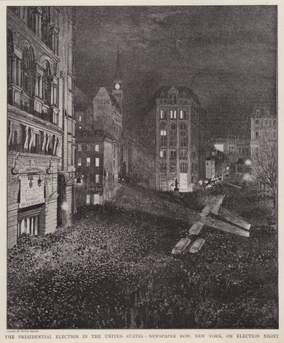 Gazete Row, New York City, ABD başkanlık seçimleri gecesi, 8 Kasım 1892 (lito) by V. Perard