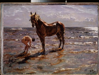 At banyosu. (Genç çıplak adam bir ata su sıçratır, diğer iki figür denize koşar). Valentin Aleksandroviç Serov
