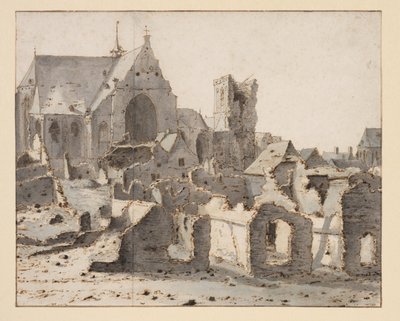 Kuşatma sonrasında Maas'taki Mezarın görünümü, 2 Mart 1675 (grafit, kalem ve kahverengi mürekkep, kağıt üzerinde gri-mavi yıkama) by Valentin Klotz