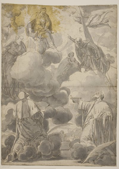 Melekler ve Sts Cosmas ve Damian, Cecilia, Secondo ve Marina ile çevrili bulutlardaki Bakire ve Çocuk by Valentin Lefèvre