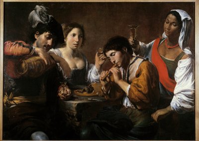 Bir kabarede buluşma resmi Valentin de Boulogne (1591-1632) 17. yüzyıl Güneşi. 0,96x1,33 m by Valentin de Boulogne