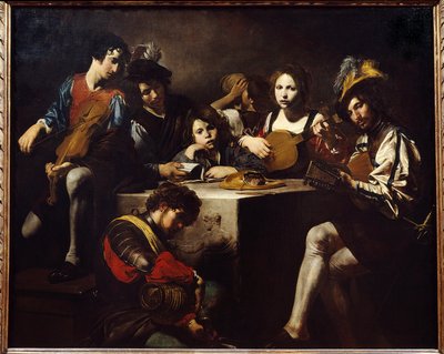 Alçak kabartma konseri. Müzisyenler yontulmuş bir sunağın etrafında toplandılar. Valentin de Boulogne