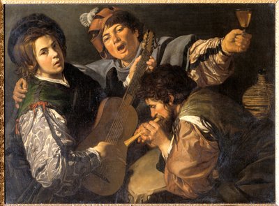 Müzik yapan üç adam, c.1616 (tuval üzerine yağlı boya) by Valentin de Boulogne