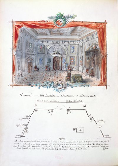 Victor Hugo (1802-85), 1879 (mürekkep ve guaj) tarafından 1877 yapımı Hernani için tasarım ve sahne yönergeleri ayarlayın by Valnay Pere et fils