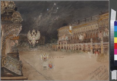Rusya'nın Tsarevich Nicolas Alexandrovitch'inin (1843-1865) çoğunluğunun kutlanması vesilesiyle aydınlatmalar, 8 Eylül 1859'da Saint Petersburg'da - Eylül'de Tsarevich Nikolai Alexandrovich'in çoğunluğunun yaşı vesilesiyle aydınlatm by Vasili Semenovich Sadovnikov