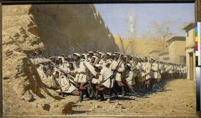 Tahkimatlara, Girsinler! (savaştan önce birliklerin toplanması) (Kale Duvarlarında; İçeri alsınlar!) - Tablo Vasili Vasilyevich Vereshchagin (Vereshchagin) (1842-1904), tuval üzerine yağlı boya ( 95x160.5 cm) by Vasili Vasilievich Vereshchagin
