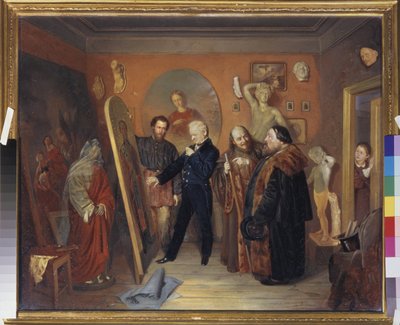 Ressamın stüdyosu. Bir ressam, tablolarından birini sanat tüccarlarına gösterir. Bir çocuk sahneyi gözlemler. Vasily Vladimirovich Pukirev
