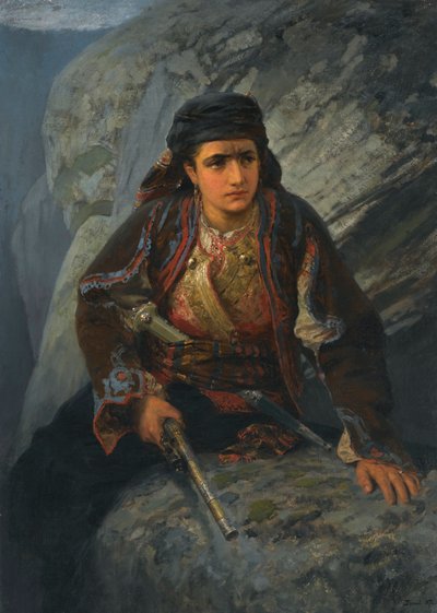 "Le guet" (Gözcü) Elinde tabancayla nöbet tutan genç kadın - Tablo Vassili Polenov (1844-1927) by Vasilij Dmitrievich Polenov