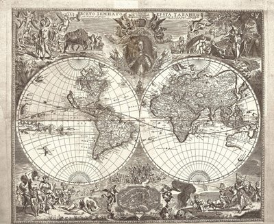 Dünyanın çift yarım küre haritası, 1713 by Vasily Anufrievich Kiprianov