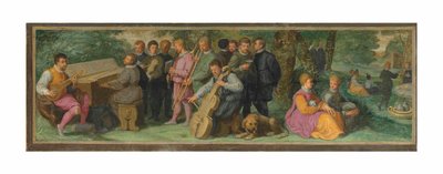 Bir ağaçkakan, bir klavikor, bir keman, bir kornet, bir trombon ve bir viyolonsel çalan zarif figürlerle pastoral bir konser (panelde yağlı boya) by Venetian School