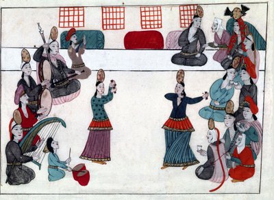 Osmanlı İmparatorluğu döneminde müzisyenler ve dansçılar. “Türk Anıtları”ndan minyatür (codex Cicogna 1971 “Memorie Turchesche”) 17. yüzyıl Venedik okulundan suluboya. by Venetian School