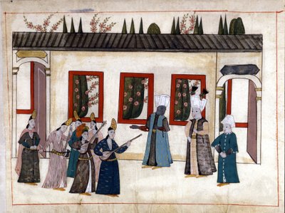 Padişah, hadımların annesi ve reisi ile gözdeyi ziyaret eder. “Türk Anıtları”ndan minyatür (codex Cicogna 1971 “Memorie Turchesche”) 17. yüzyıl Venedik okulundan suluboya. by Venetian School