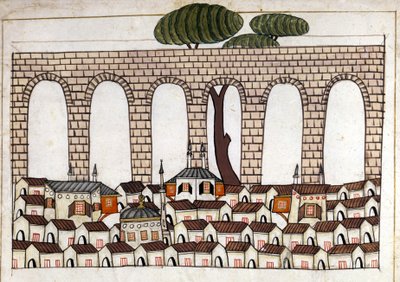 Konstantinopolis ve su kemerinin görünümü. “Türk Anıtları”ndan minyatür (codex Cicogna 1971 “Memorie Turchesche”) 17. yüzyıl Venedik okulundan suluboya. by Venetian School