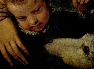 Çocuklu ve Köpekli Bir Kadının Portresi, çocuğun kafalarının detayı ve kanvas üzerine köpek yağı detayı 95739 by Paolo Veronese