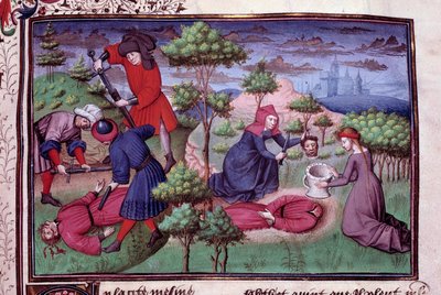 Katilleri kafalarını kesen iki adamın cinayet sahnesi. İtalyan yazar Giovanni Boccaccio dit Jean Boccace