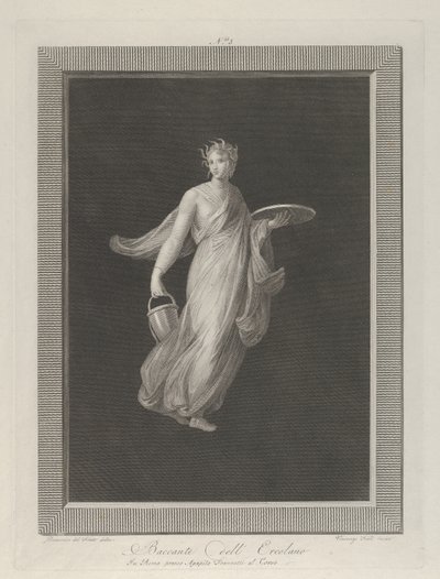 Kaldırılmış sol elinde bir disk ve h..., yaklaşık olarak bir kova tutan kısmen çıplak bir bacchante. 1795-1820 by Vicenzo Feoli