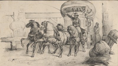 Beş at, yolcularla birlikte bir arabayı çekiyor, 19. yüzyılın ortalarında. by Victor Adam