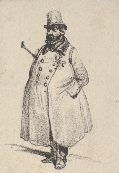 Kolunun altında baston olan bir palto ve şapka giyen adam, 19. yüzyılın ortalarında. by Victor Adam