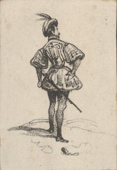 19. yüzyılın ortalarında arkadan bakıldığında kılıçlı ve tüylü şapkalı adam. by Victor Adam