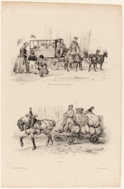 Champs-Elysées'de omnibus otobüsü, 1841-44 dolayları (baskı) by Victor Adam