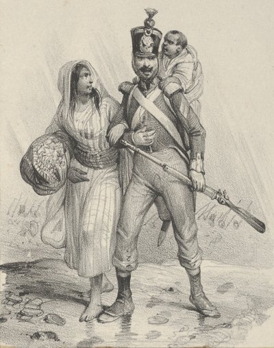 Kolunda kadın, sırtında çocuk olan asker, 19. yüzyılın ortalarında.. by Victor Adam