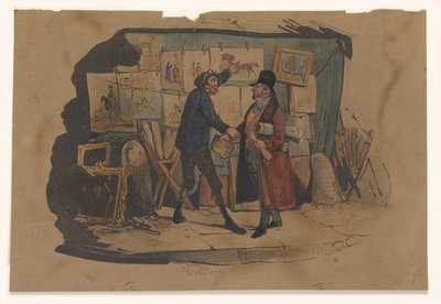 Bir tezgah dolusu sanat eseri olan sokak satıcısı bir adamı durdurur by Victor Adam