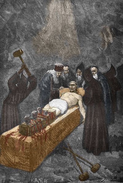 1630 civarında Loudun'un Sahipleri (demons de Loudun) vakası: cadı avı, şeytanla bir anlaşma yaptığı ve rahibeleri büyülemekle suçladığı iddia edilen Fransız rahip Urbain Grandier (1590-1634), işlemesine kadar işkence görüyor - (Urbain Grandier, Fransı by Victor Armand Poirson