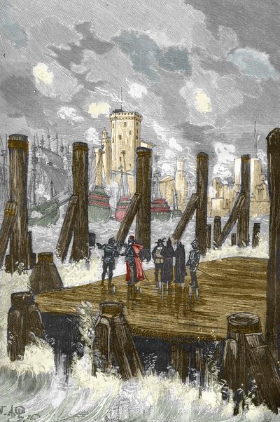 Siege de la Rochelle (1627-1628): "" Kardinal Richelieu (1585-1642), şehrin kuşatması sırasında La Rochelle barajında, Ekim 1628'de d'armes des Protestants'ı yerleştirdi"" - Cardinal de Richelieu Ekim 1628'de La Rochelle by Victor Armand Poirson