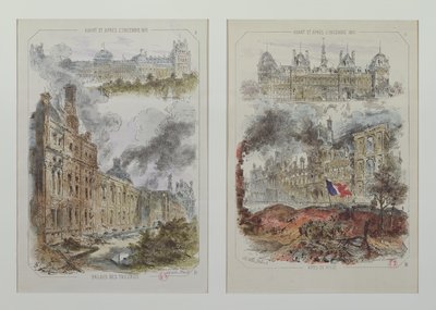 1871 yangınlarından önce ve sonra Tuileries Sarayı ve Hotel de Ville
