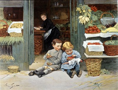 İki çocuk bir elma ve çilek yiyor. Resim çizme by Victor Gabriel Gilbert