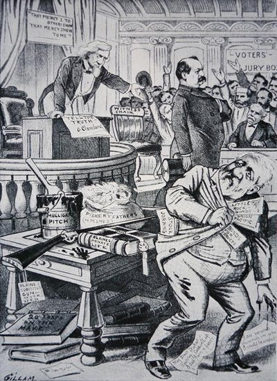 Grover Cleveland (1837-1908) özel hayatı hakkında doğruyu söylerken, rakibi James Blaine (1830-93) yozlaşmış biri olarak tasvir ediliyor. by Victor Gillam