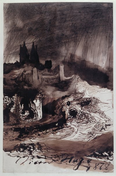 The Castle, 1878 (kalem ve mürekkep ve kağıt üzerinde yıkama) by Victor Hugo