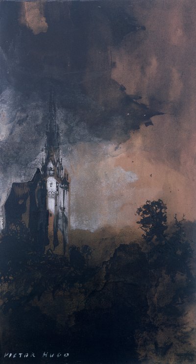 Ay Işığında Kale (kalem ve Hindistan mürekkebi, kağıt üzerine sepya ve guaş) by Victor Hugo